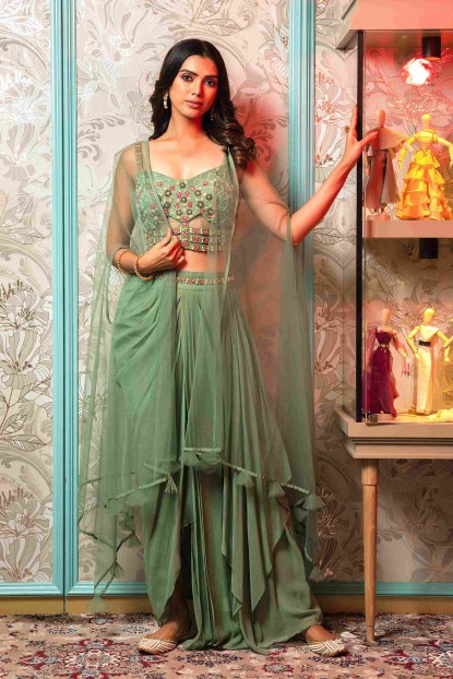 Shrug style Crop Top Set in Pista Green color