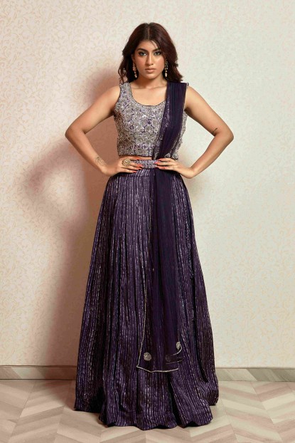 Dark Purple Crop Top Set with Dupatta