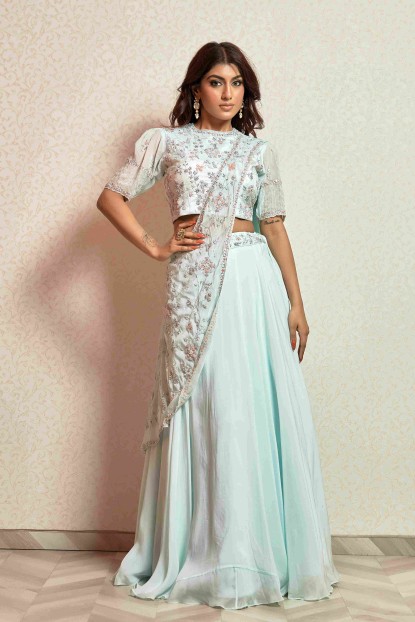 Sea Blue Crop Top Set with attached heavy Dupatta