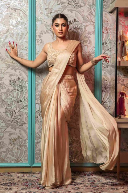 Beige heavy Crop Top Set in Saree style