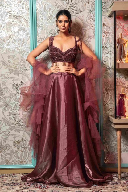 Heavy Crop Top Set with Dupatta in Chestnut Brown