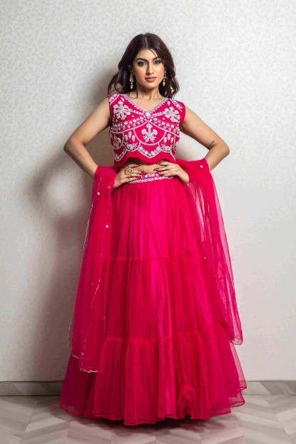 Bright Pink Crop Top Set with Net Dupatta
