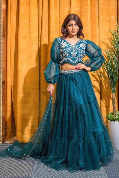 Peacock Blue Crop Top Set in Net with Puffed Sleeves