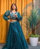 Peacock Blue Crop Top Set in Net with Puffed Sleeves