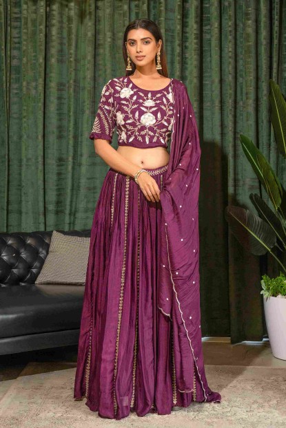 Plum Crop Top Set with Dupatta in Dola Silk