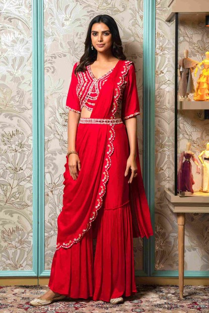 Red Crop Top with Palazzo and Drape style Dupatta