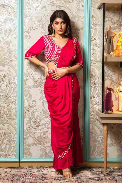 Rani Pink Crop Top with Palazzo and Drape style Dupatta