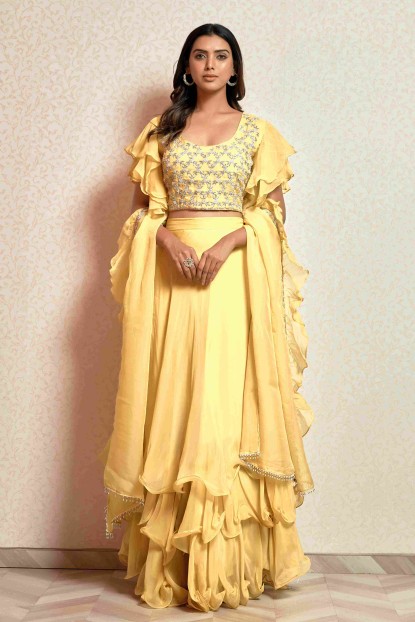 Lemon Yellow Crop Top Set with Ruffle Dupatta