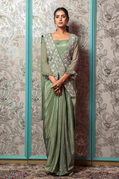 Pista Green Jacket Style Crop Top Set