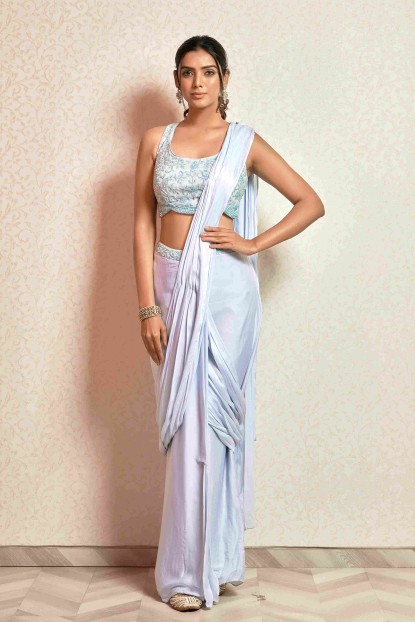 Light Blue Crop Top Set in Satin Silk