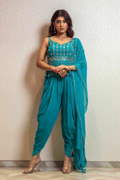 Elegant Peplum and Dhoti with Dupatta in Bright Blue