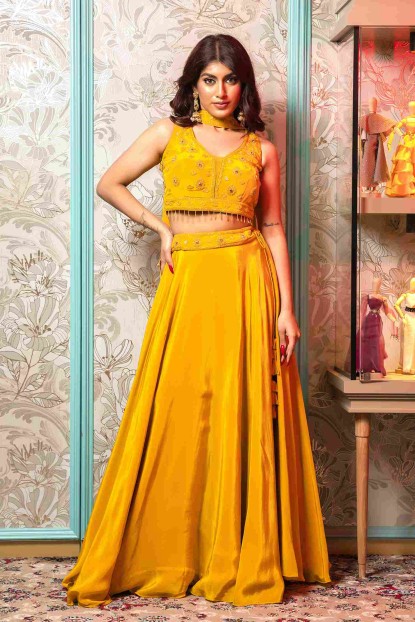 Mustard Yellow color Crop Top Set with matching Dupatta in Silk