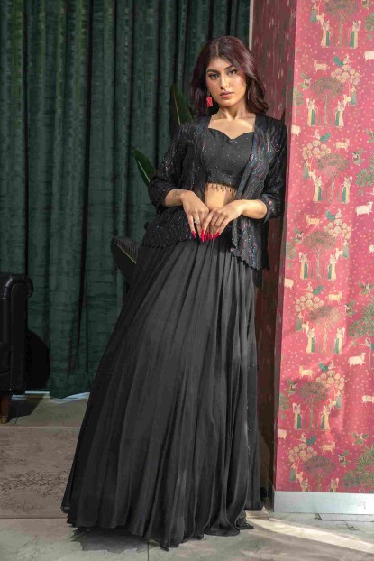 Black Crop Top set in Georgette with Sequins Jacket