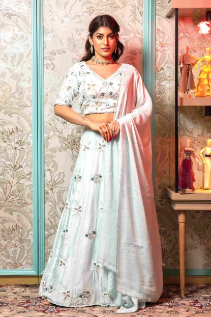 Sea Blue Crop Top Set in Raw silk