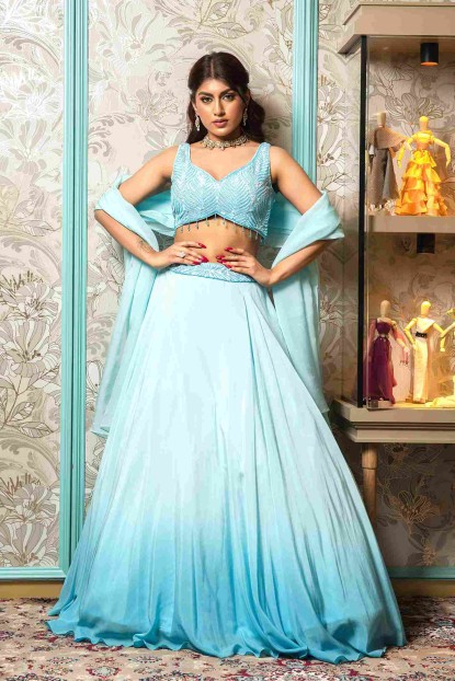 Blue and Light Blue Ombre Crop Top Set in Silk