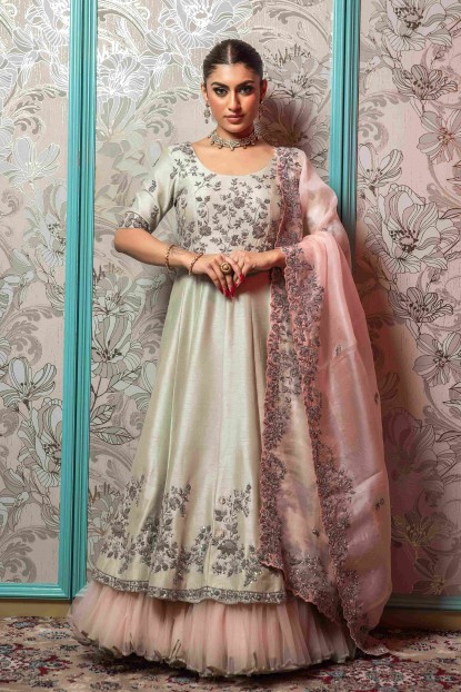 Pistachio Green   Gown With Heavy Rose Pink Organza Dupatta