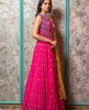 Bright Pink mirror work Gown with Yellow Organza Dupatta