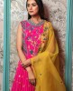 Bright Pink mirror work Gown with Yellow Organza Dupatta