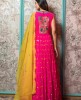 Bright Pink mirror work Gown with Yellow Organza Dupatta