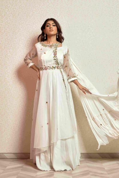 Ivory Gown in Dola Silk & Organza with attached Dupatta