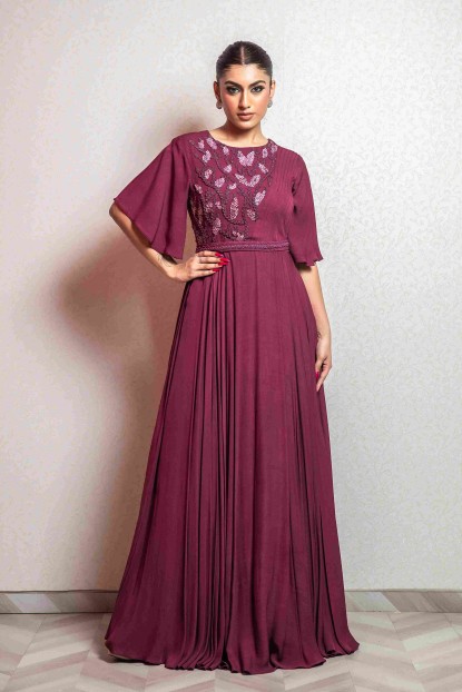 Wine Color Gown in Double Georgette