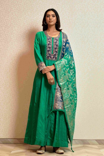 Bright Green Anarkali Suit with Banarasi Dupatta