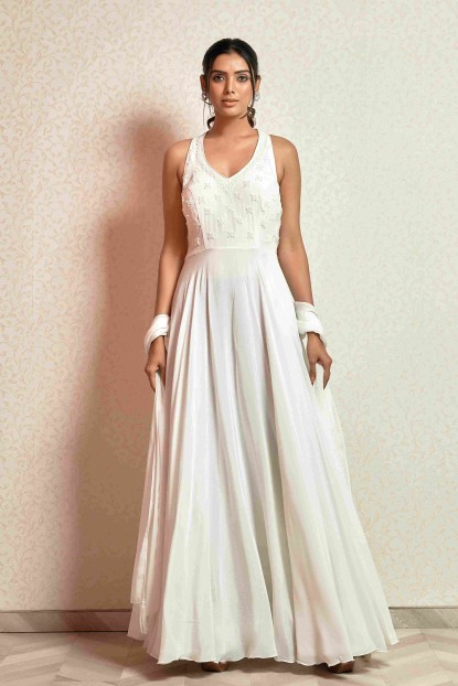 White Party wear Gown in Satin Silk