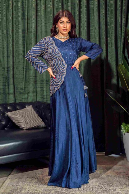 Dark Blue Jacket style Gown in Dola Silk