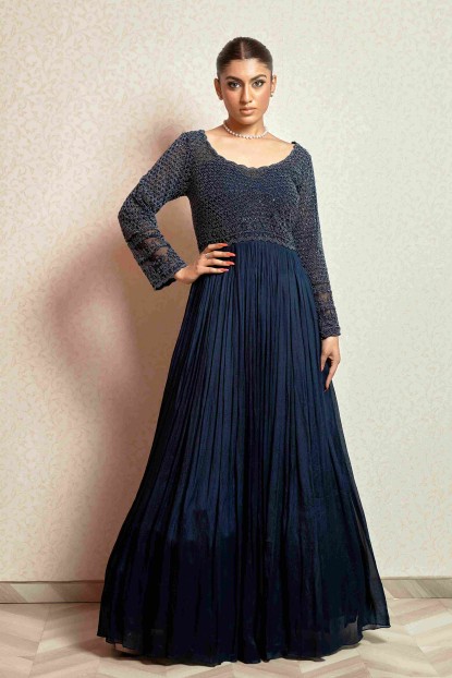 Dark Blue heavy work Gown in Chinnon
