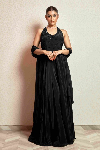 Black Party wear Gown in Satin Silk