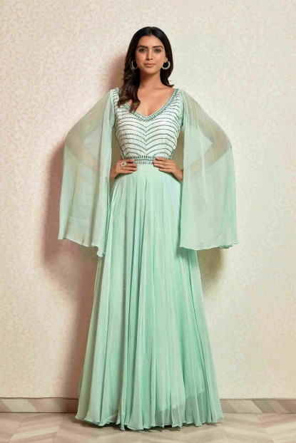 Sea Green Gown with Flarred Sleeves