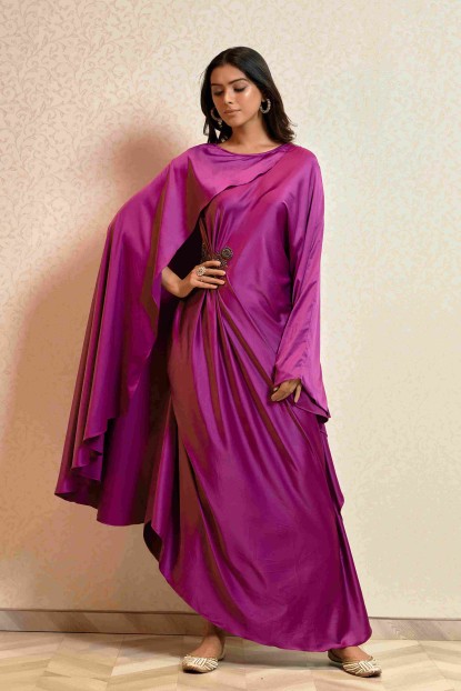 Dark Pink Party Wear Gown in Satin Crepe
