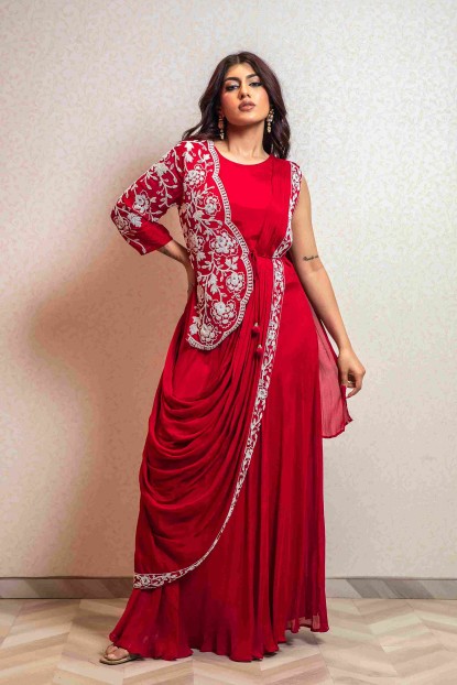 Elegant Jacket style Gown with Attached Dupatta in Red