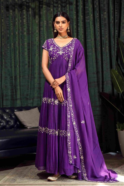 Purple Gown in Pure Chinnon with Chinnon Dupatta