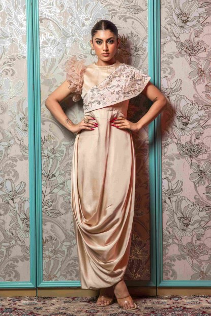 Cream Straight Gown in Satin Silk