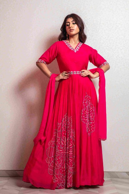 Bright Pink Gown with minimal work details and Dupatta