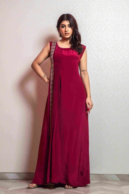 Maroon Straight Gown in Satin Fabric