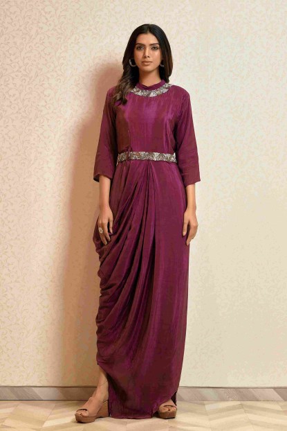 Plum Party wear Gown in Silk with heavy Belt