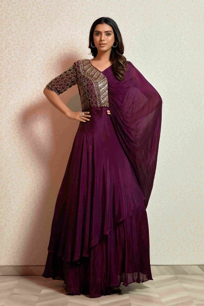 Plum Gown with unique Sleeves in Satin Silk