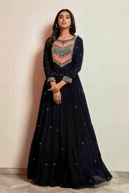 Dark Blue Gown in Chinnon with handwork