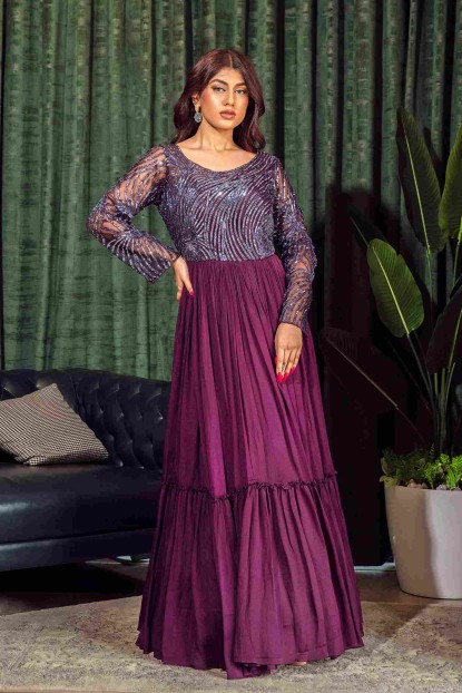 Wine color Gown with Sequins work in Chinnon Fabric