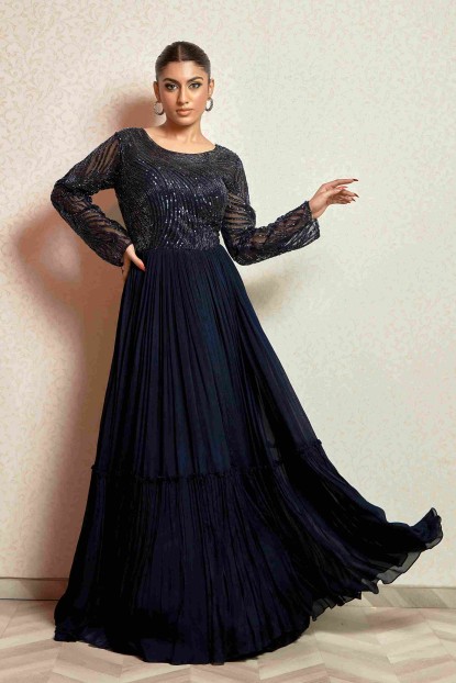 Dark Blue heavy Sequins Gown in Chinnon