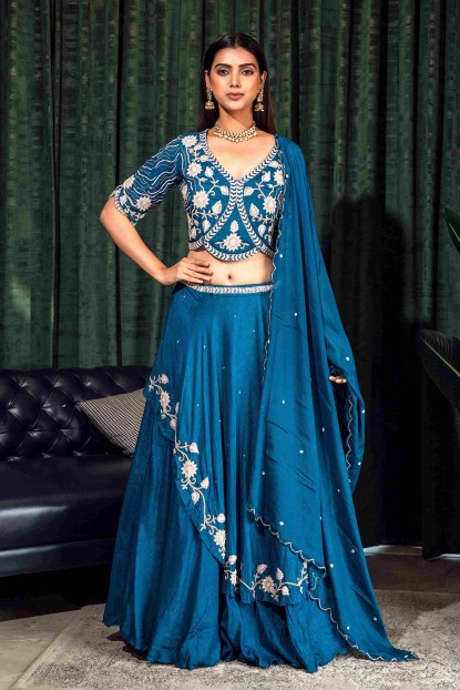 Heavy Crop Top set in Peacock Blue color with Dola Silk