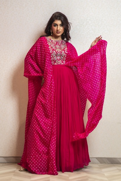 Fuchsia Pink Gown with Bandhani Details