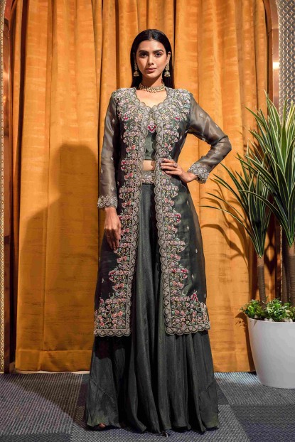 Olive Green Crop Top Set in Organza with Jacket