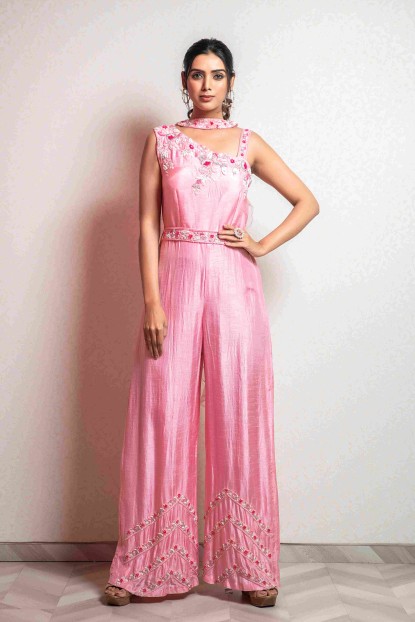 Pink Jump Suit in Raw Silk with Hand Work