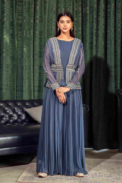 Powder Blue color Jump Suit in Georgette with heavy Jacket