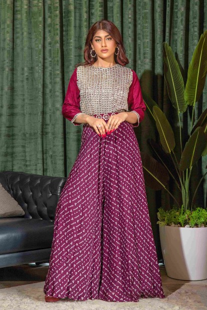 Plum Jump suit in Chinnon with Embroidered Belt