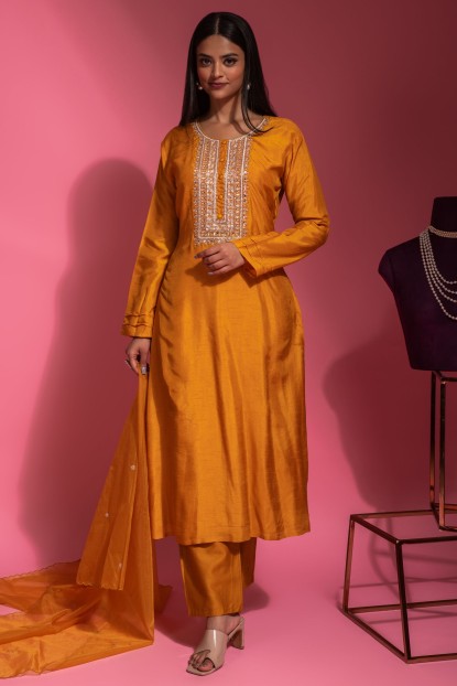 Mustard Yellow Kurti & Pant Set in Dola Silk