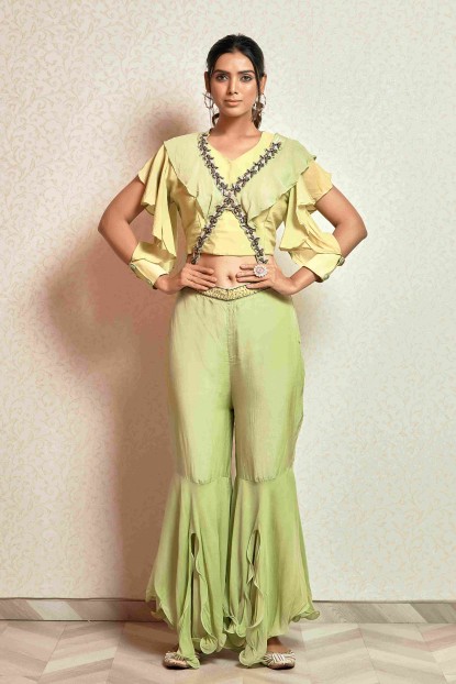 Dual Shade Crop Top with Palazzo in Chinnon